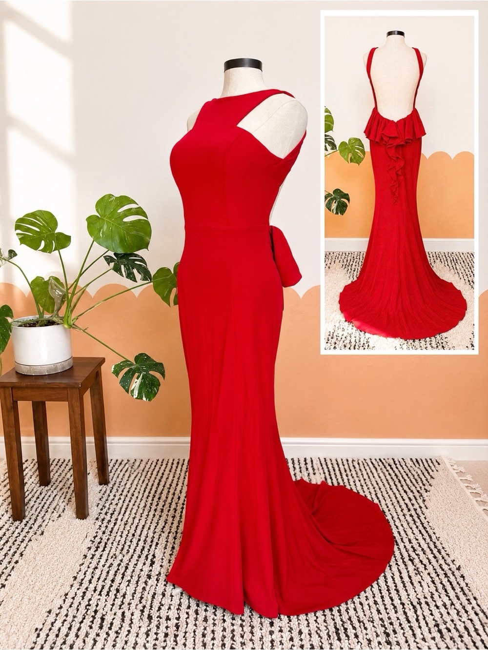 Jovani Red Open-Back Ruffled Train Evening Gown